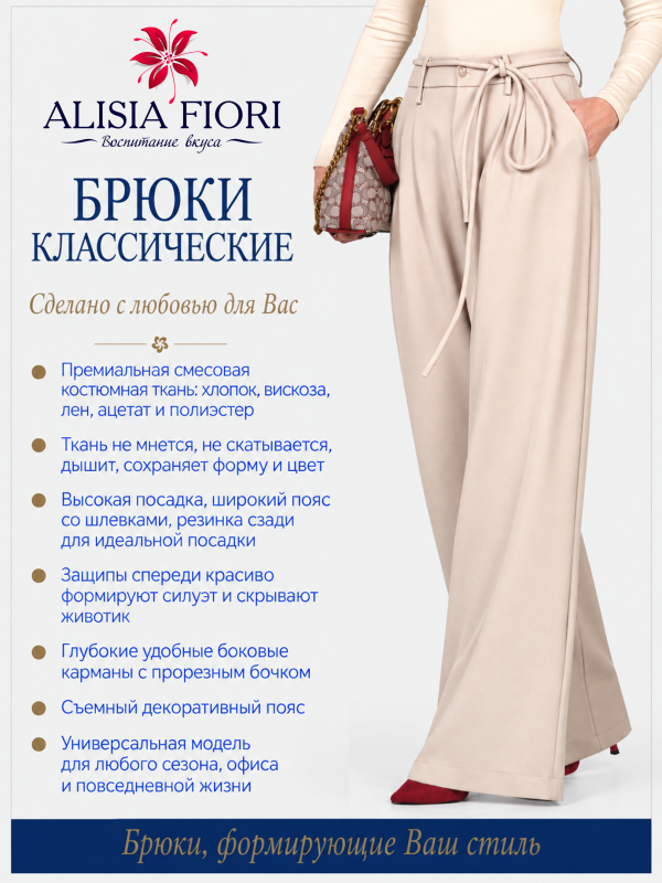 Брюки палаццо Кастл бежевые широкие классические школьные офисные