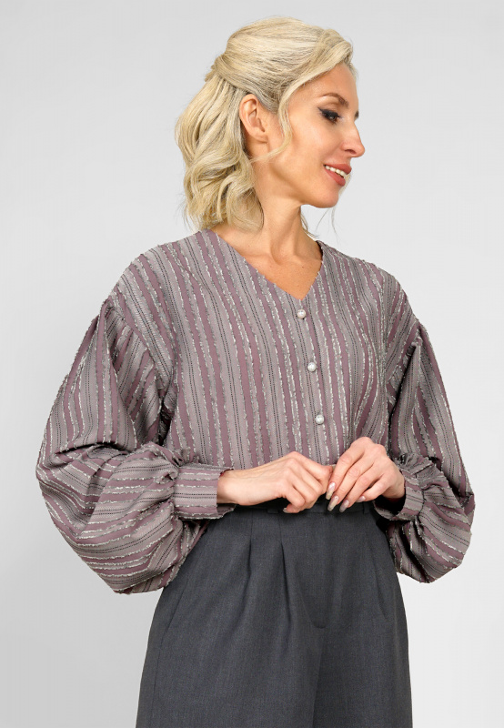 Блуза Аска зелено-лиловая шелковая нарядная праздничная офисная в полоску