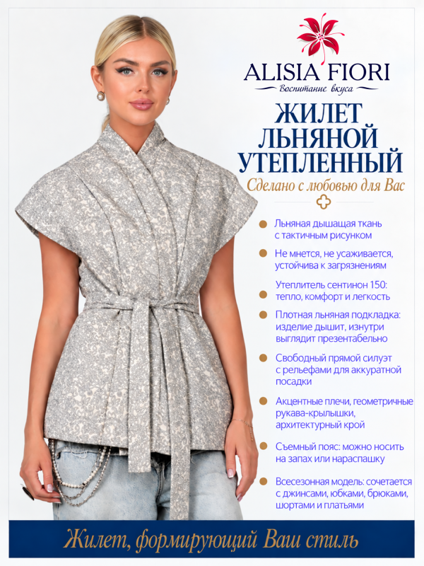 Жилет Красава серый льняной утепленный оверсайз